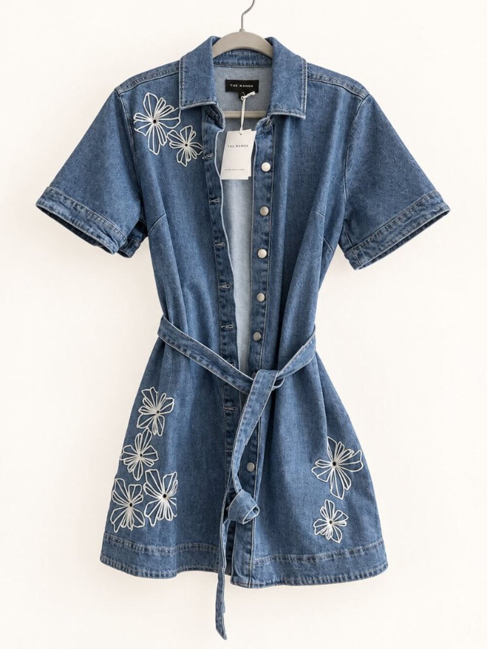 Free Assembly Floral Embroidered Denim Belted Short Sleeve Shirt Dress